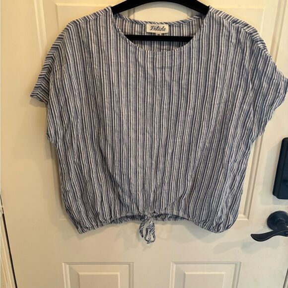 Listicle White and Blue Boxy Short Sleeve Top with Tie Front - Picture 2 of 4